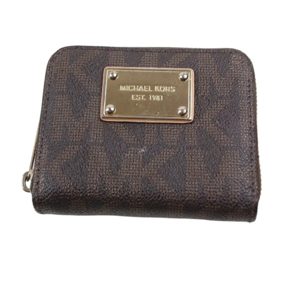 Michael Kors Bi Fold Zip Wallet classic brown leather all over logo